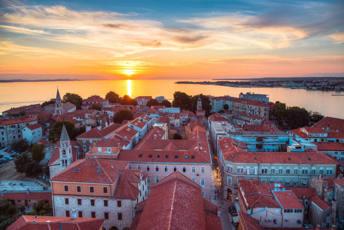 Overhead view of Zadar, Croatia during sunset